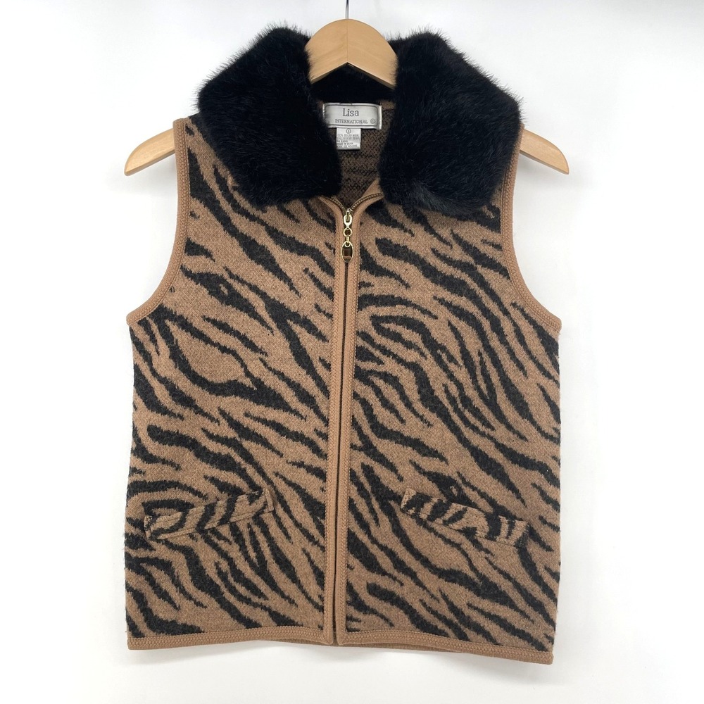 VTG Lisa International Sweater‎ Vest Women S Wool Faux Fur Collar Animal Print